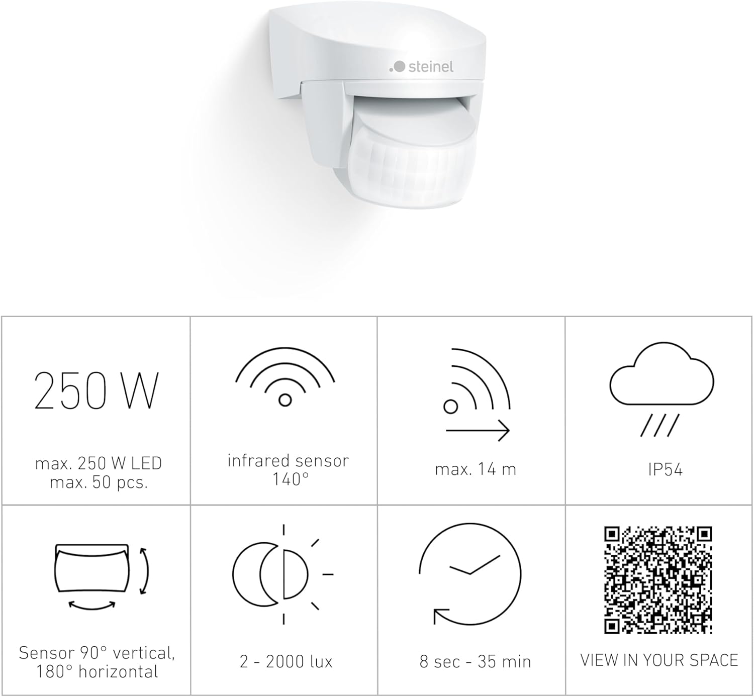Steinel Motion Sensor IS 140-2 White, 140° Infrared Movement Detector, 14m Range, Swiveling, Max. 1000 W or 6 LED Lights 7 61qEDWMI9dL. AC SL1500