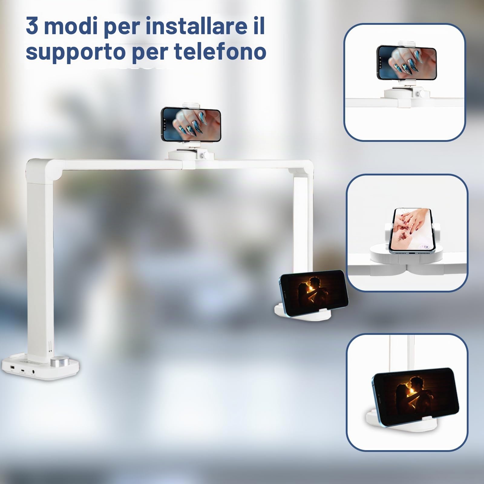 CGBE Lampada Mezza Luna per Unghie con Portacellulare per Onicotecniche | 34 Pollici 40W Lampada da Tavolo LED - Luce da Scrivania con 3 Modalità 10 Luminosità per Manicure Tatuaggi Pittura - Bianco