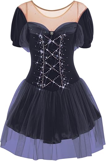 Girls Figure Skating Dress, Womens Short Sleeves High Elasticity Ice Skating Dress for Performance
