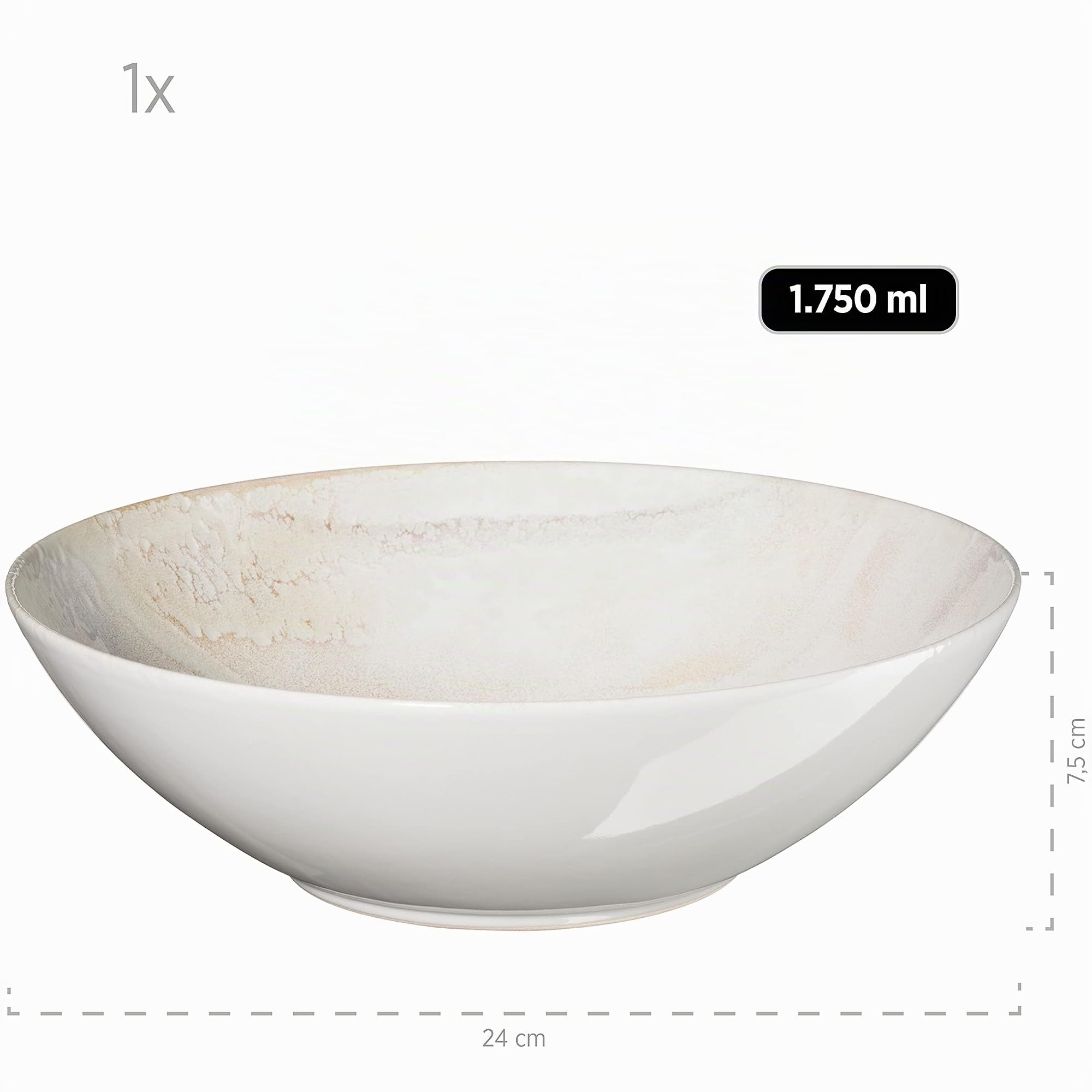 MÄSER 931948 Ossia Wooden Light, 7-teiliges Bowl Set aus Keramik, 1 Salat-Schüssel groß und 6 Schalen für Salat, Müsli, Suppe oder Pasta, Weiß dekoriert, Steinzeug