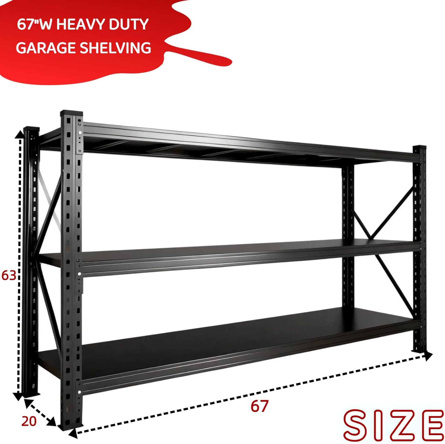 3-Tier Metal Garage Shelving,Heavy-Duty 5000lbs Shelving Units,Upgraded Double-Layer Reinforced Shelves,Shelf Suitable for Garages,Basements,Warehouses (Black, 67" W x 20" D x 63" H, 3 tier)