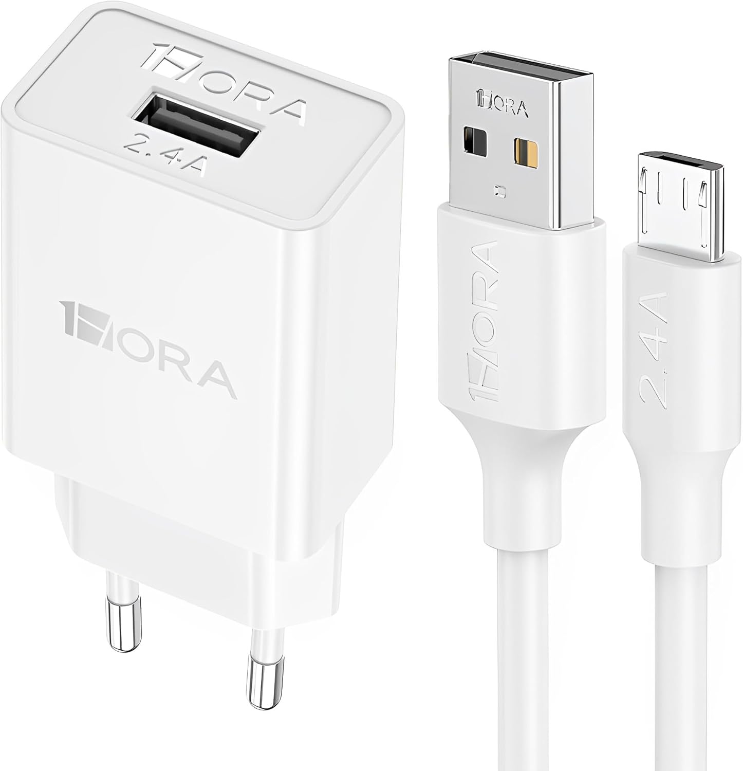 1 Hora Carregador USB 2.4A Branco com Cabo USB A/Micro USB, Carregador Rápido e Prático, Design Moderno e Compacto
