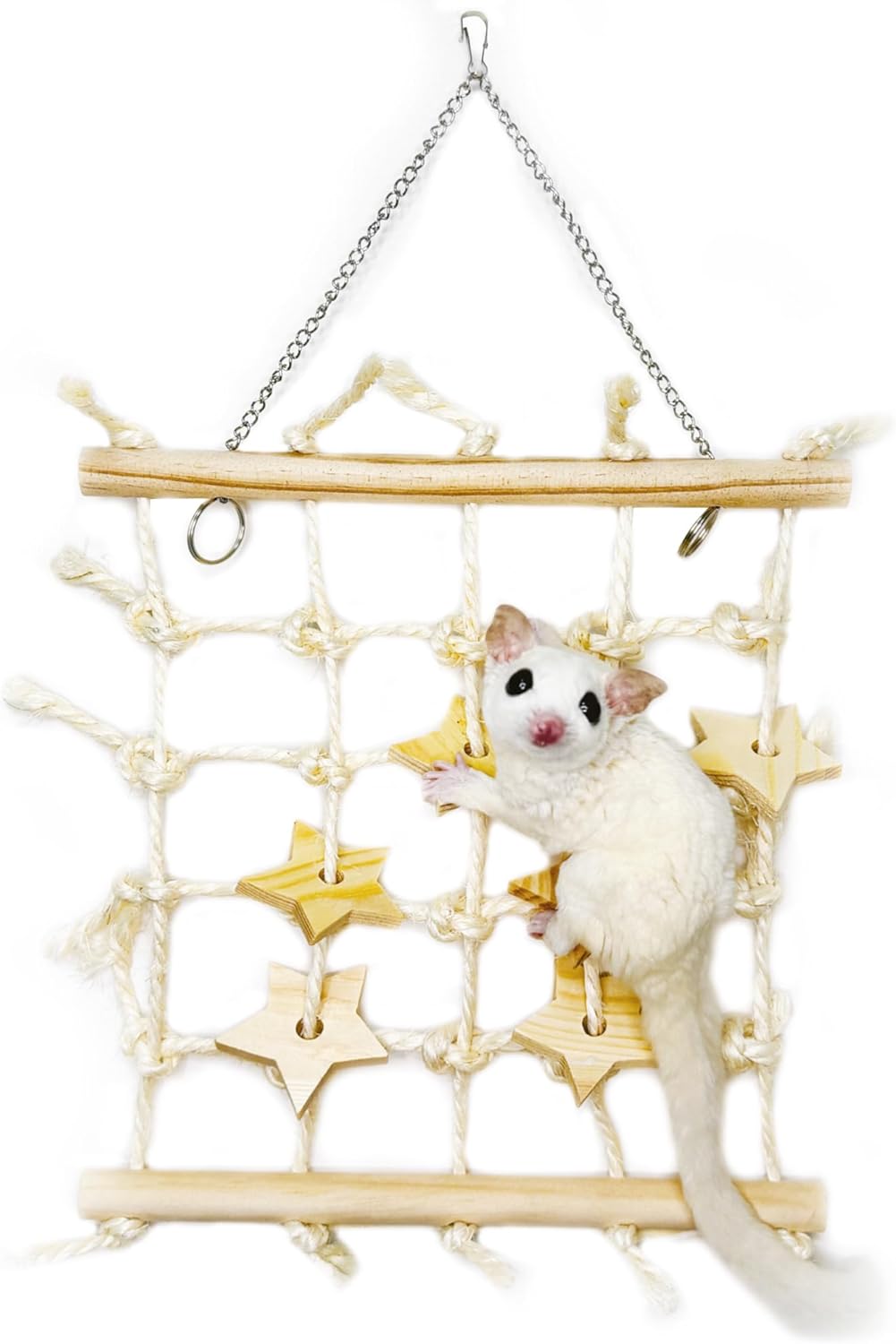 Sugar Glider Toys, Natural Wooden & Sisal Sugar Glider Climbing Net, Hanging Toys Rat Cage Accessories, Anti-Snag Chew-Resistant Small Pets Enrichment Toy for Rats, Parrots and Budgies