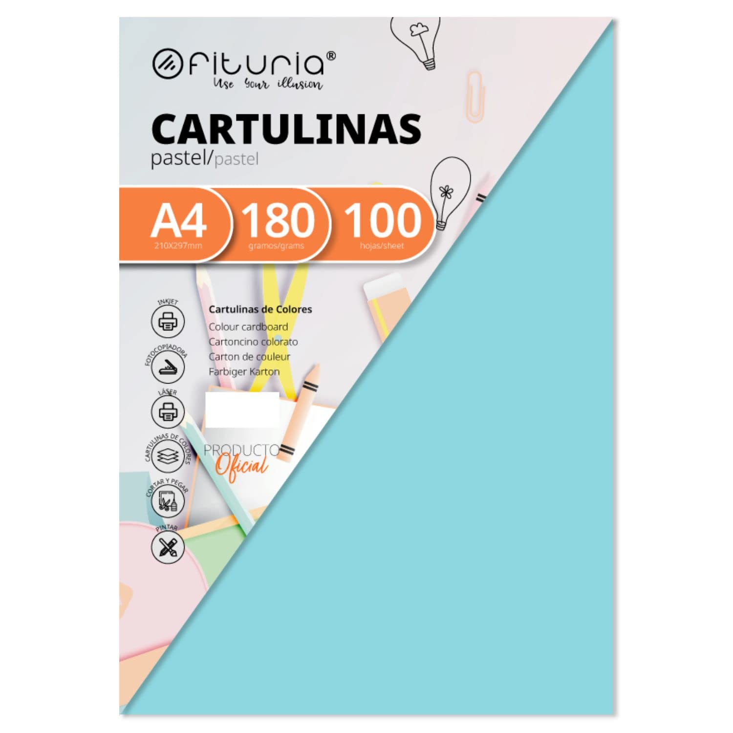 Pack 100 Cartulinas Color Azul ClaroTamaño A4 180g