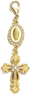 PHAETON 30PCS Gold Cross Charm Keychain with Virgin Mary Heart Pendant Religious Favors for Christians Easter Prayer Gifts