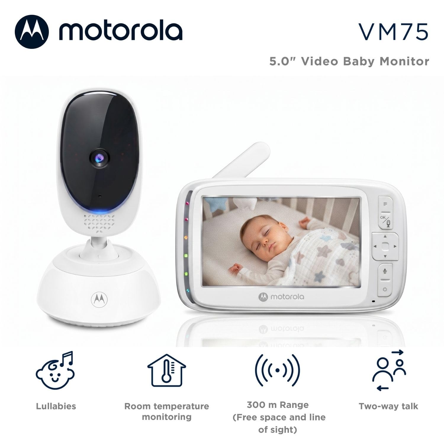 Motorola Nursery VM75 Cámara Vigilancia de Bebé - Vigilabebés con Unidad de Padres de 5 Pulgadas, Visión Nocturna Infrarroja, Zoom Digital, Comunicación Bidireccional y Canciones de Cuna