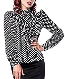 Schwarze Rüschen Schluppenbluse weiß gepunktet mit Jabot und Strassknöpfen Stehkragen Rockabilly Bluse Damen Retro S Oberteil dunkel