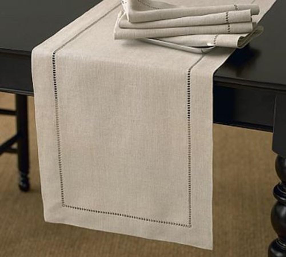 Fennco Styles Toscana Contemporary Hemstitched Linen Blend 16 x 90 Inch Table Runner for Dinner Table, Picnic Table, Parties, Wedding Decorations, Natural