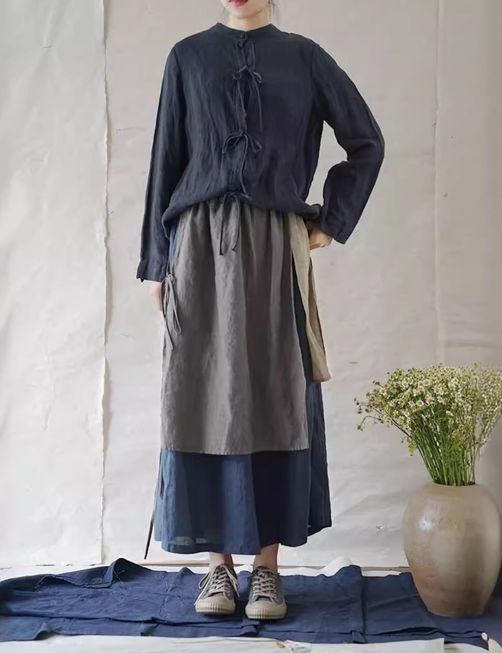 Ystylee Women Wide Leg Linen Pants Irregular Apron Layered Elastc Waist Patchwork Cropped Trousers
