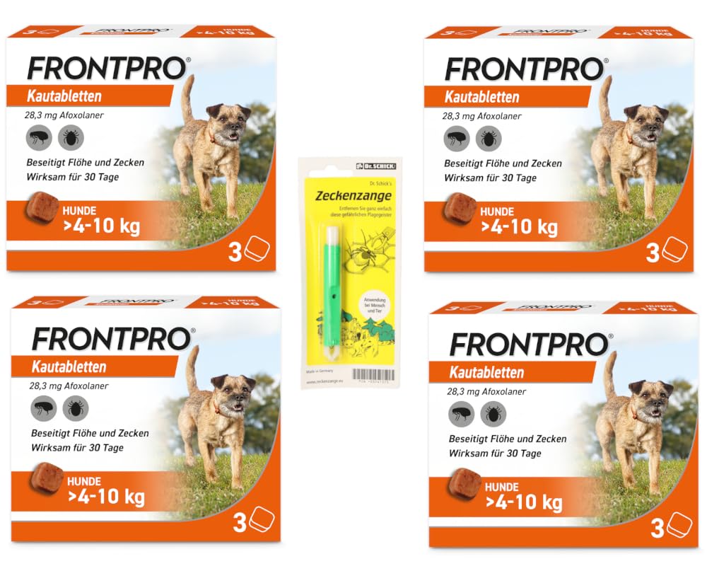 FRONTPRO Kautabletten für Hunde 4-10 kg 12-Monats-Set zum Schutz gegen Zecken und Flöhe mit Zeckenzange: Schützt bis zu 12 Monate