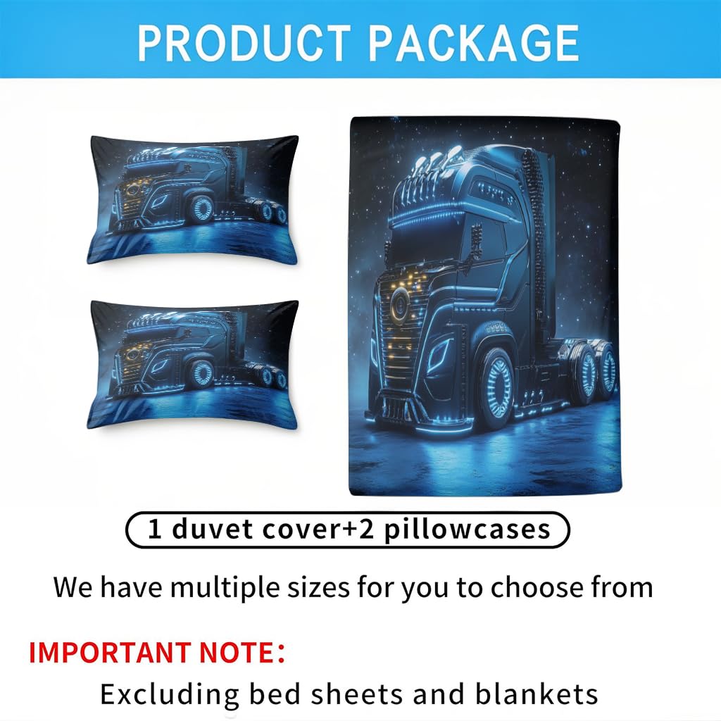 Générique Camion Bleu Housse De Couette 140X 200 Cm Impression Microfibre Parure De Lit 3D Enfant Adulte 1 Personnes avec Fermeture 2 Taie d'oreiller 65X65 Cm