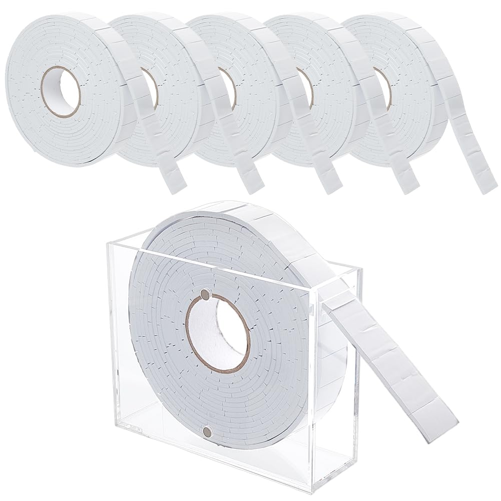 ORIGACH 6 rollos de cinta adhesiva de espuma de doble cara (1,9 cm × 3,2 m), precortada, incluye 1 caja de almacenamiento de acrílico y cuadrados de espuma para manualidades, costura