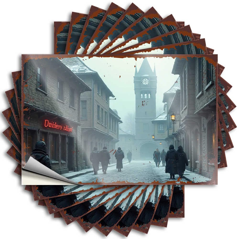 Fzfn Men's Colour Decal Porch Decorations Outdoor Peel And Stick - Vintage Street Scene With Clock Tower In Foggy Weather Bumper Encouraging Waterproof Vinyl For Summer(8X12cm)