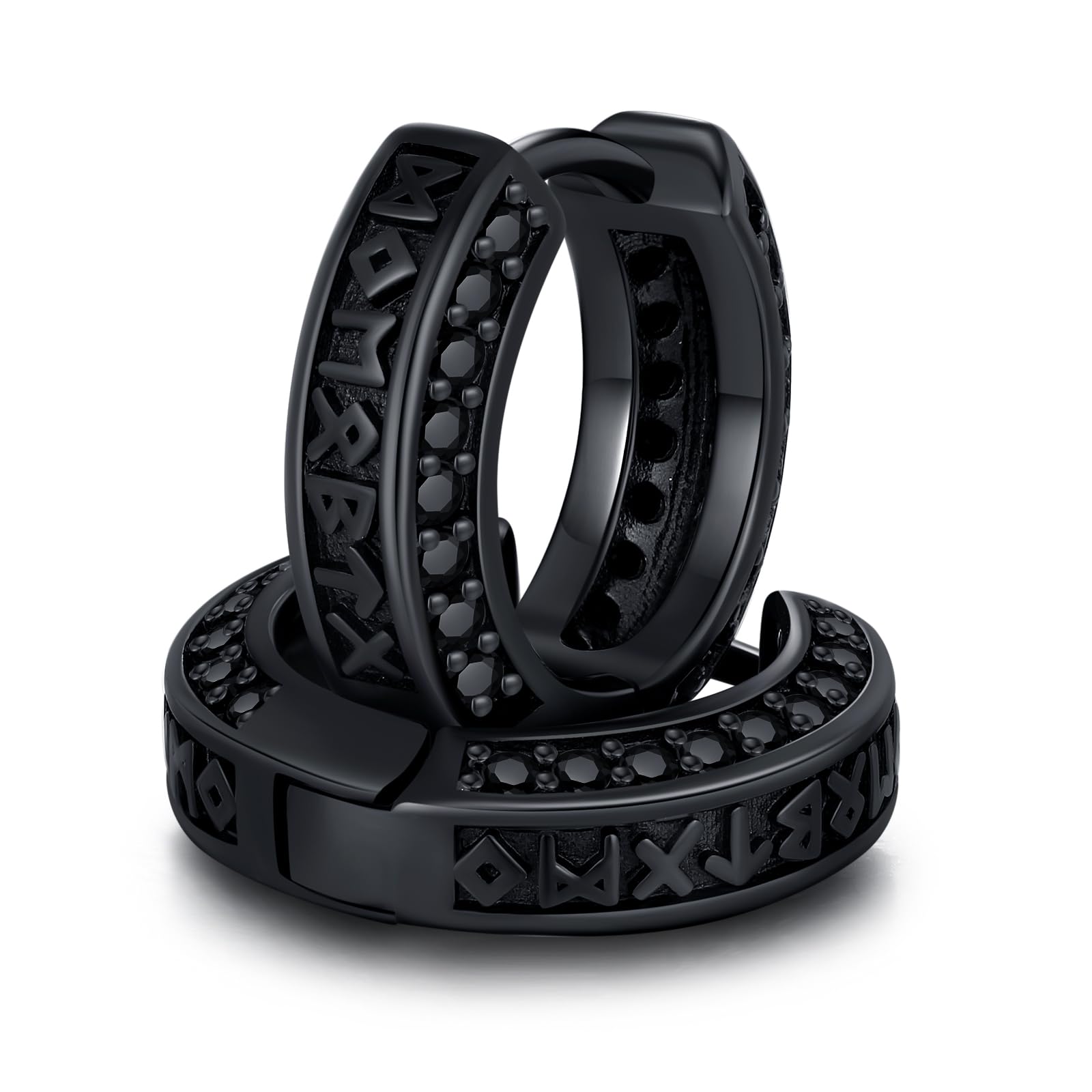 Pendientes de aro chapados en oro negro para hombre, diseño de runa vikinga
