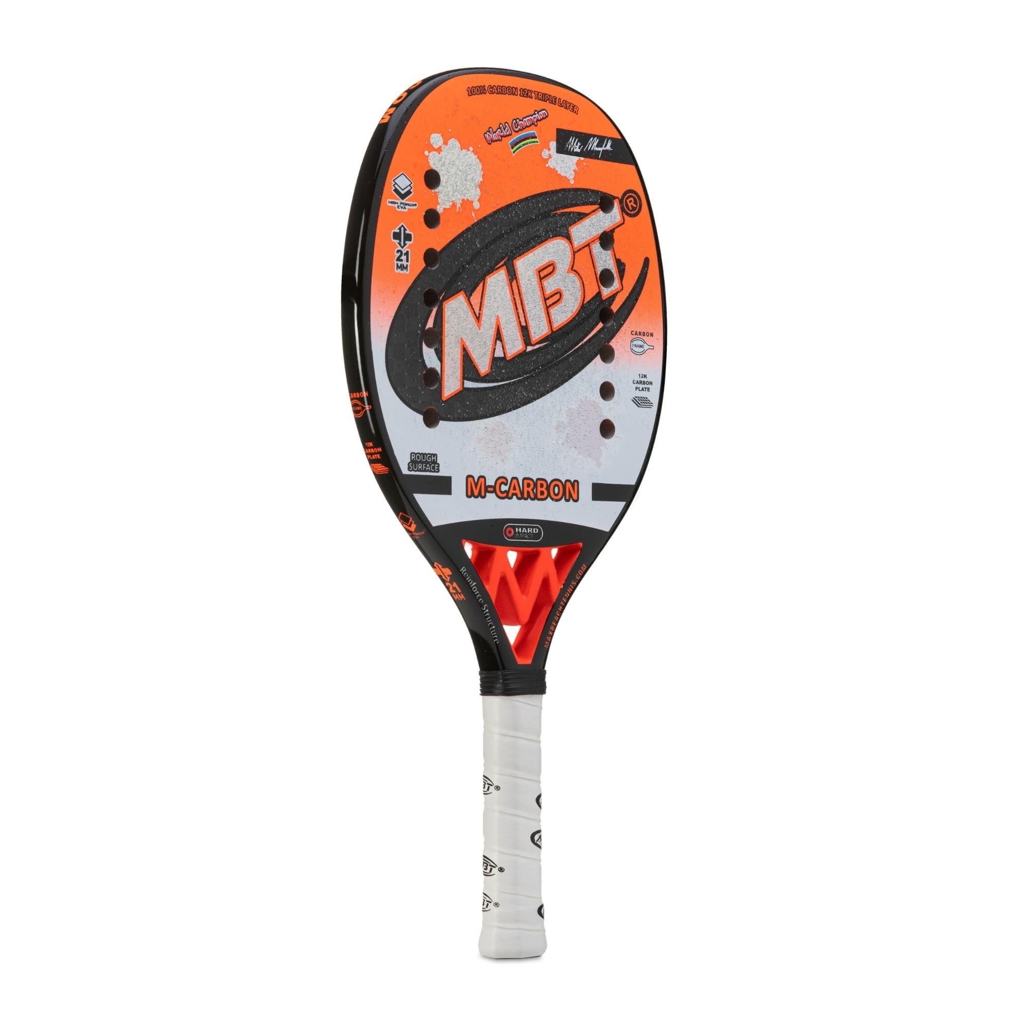 MBT M-CARBON, Racchetta Beach Tennis 100% Carbonio 12K - Trattamento Super Grip - Eva High Power – Leggera e Bilanciata – Profilo 21 mm - Custodia inclusa - firmata Matteo Marighella