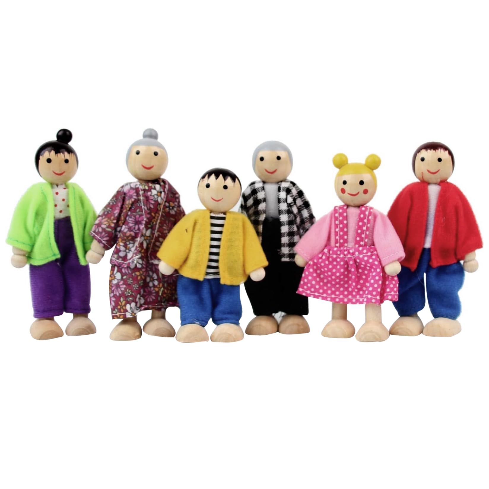Dolls House People 6 Family Figures Wooden Doll House Figures Dress-Up Happy Families Dolls with Cute Expressions for Boy and Girl Gift, Doll House Figures
