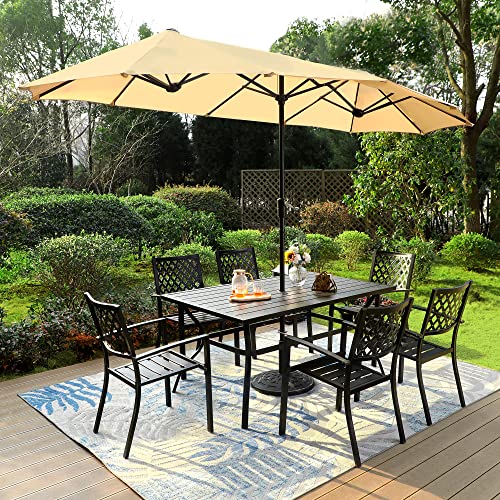 PHI VILLA 8 Piece Patio Dining Set with 13ft Double-Sided Patio Umbrella(Beige),Metal Outdoor Table Furniture Set with 6 Outdoor Stackable Chairs, 1 Rectangle Dining Table and 1 Large Beige Umbrella PHI VILLA 8 Piece Patio Dining Set with 13ft Double-Sided Patio Umbrella(Beige),Metal Outdoor Table Furniture Set with 6 Outdoor Stackable Chairs, 1 Rectangle Dining Table and 1 Large Beige Umbrella