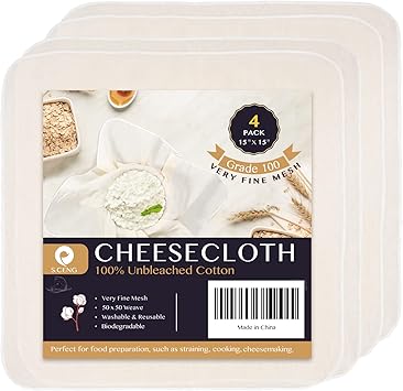 Precut Cheesecloth, 15 x 15'' 4 Pack, Grade 100, Ultra Fine for Straining & Cooking, 100% Unbleached Cotton Cheese Cloth for Making Cheese