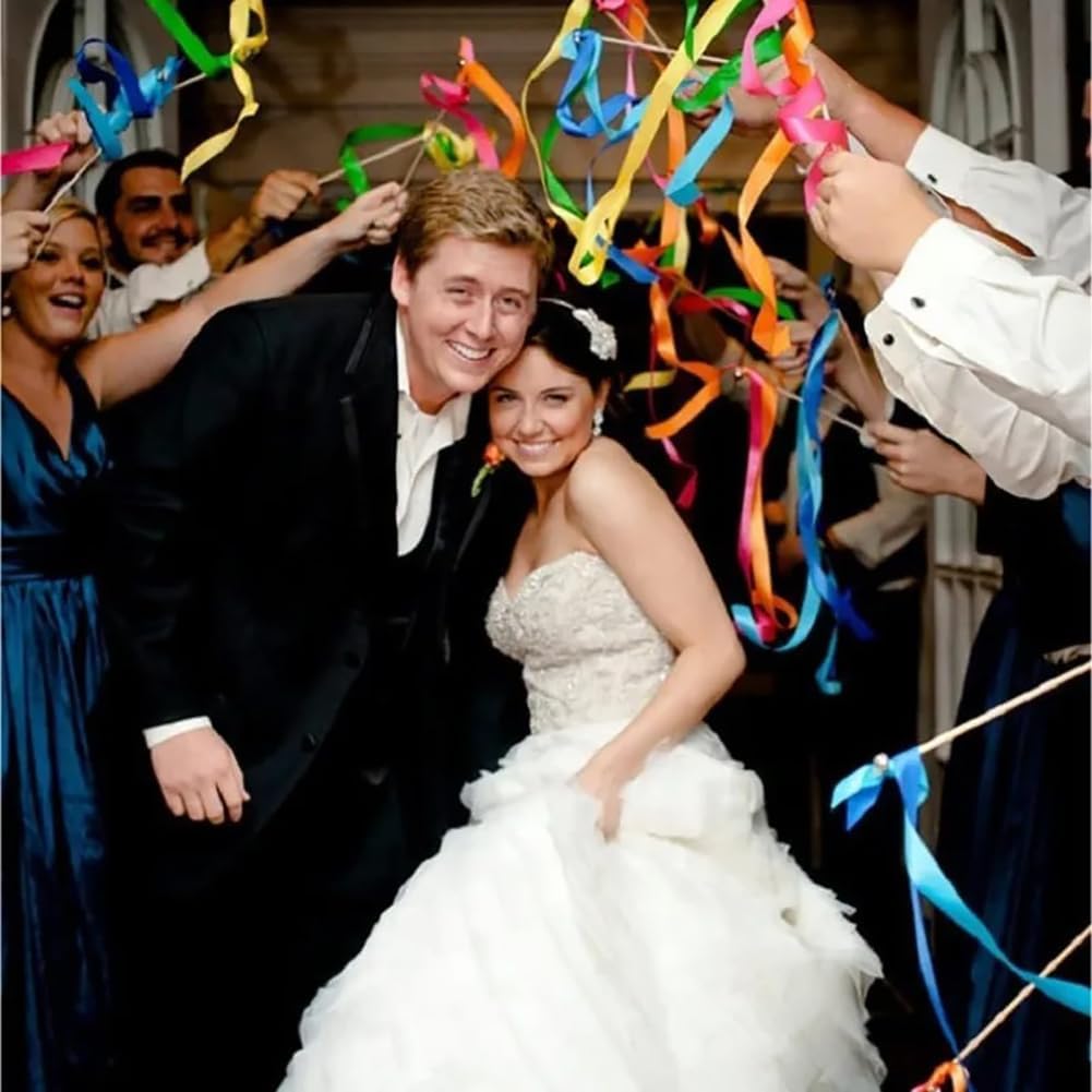 100 Pack Ribbon Streamers Wedding Lace Ribbon with Bells Decorative Fairy Stick Party Streamers for Celebrations, Holiday, Activities (Rainbow)