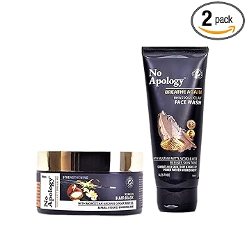 NO APOLOGY Keratin HAIR MASK With Moroccan Argan & Ginger Root Oil, 200 gm + Rhassoul Clay FACE WASH with Multani Mitti, Vit B3 & Vit E- 100 ml (BUY 1 GET 1 FREE)|For Dry, Damaged & Brittle Hair | Dermatologically Tested | FDA Approved | Deep Keratin Strengthening Hair Mask |
