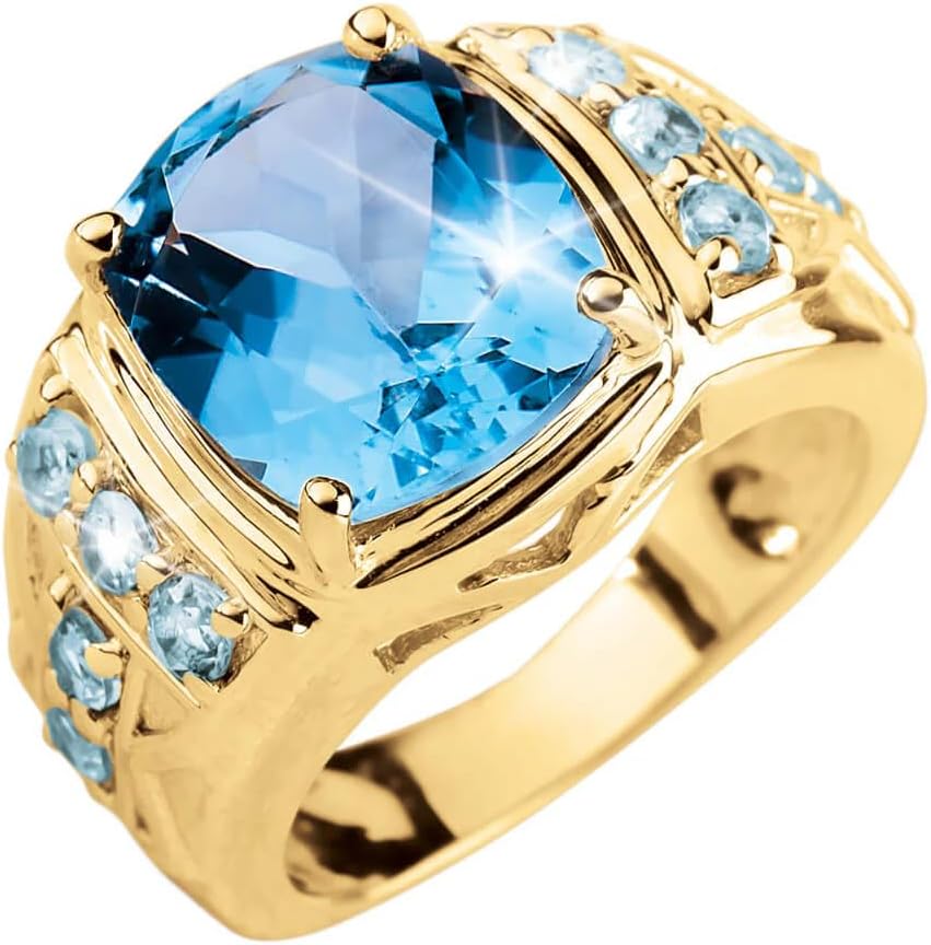 10K 14K 18K Solid Gold 2CT London Blue Topaz Ring for Men Real Yellow Gold Men's Ring Engagement Ring for Men Husband Wedding Anniversary Size 4-16