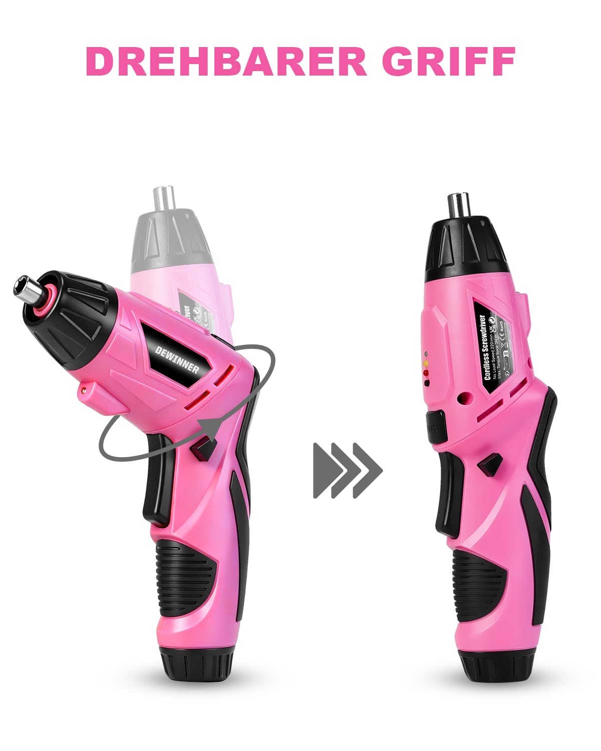 DEWINNER Destornillador Eléctrico Rosa 3N.m 1300mAh – Kit Taladro Destornillador Inalámbrico Recargable con Luz LED, Cable USB – Ideal para Bricolaje, Montaje de Muebles y Reparaciones Domésticas