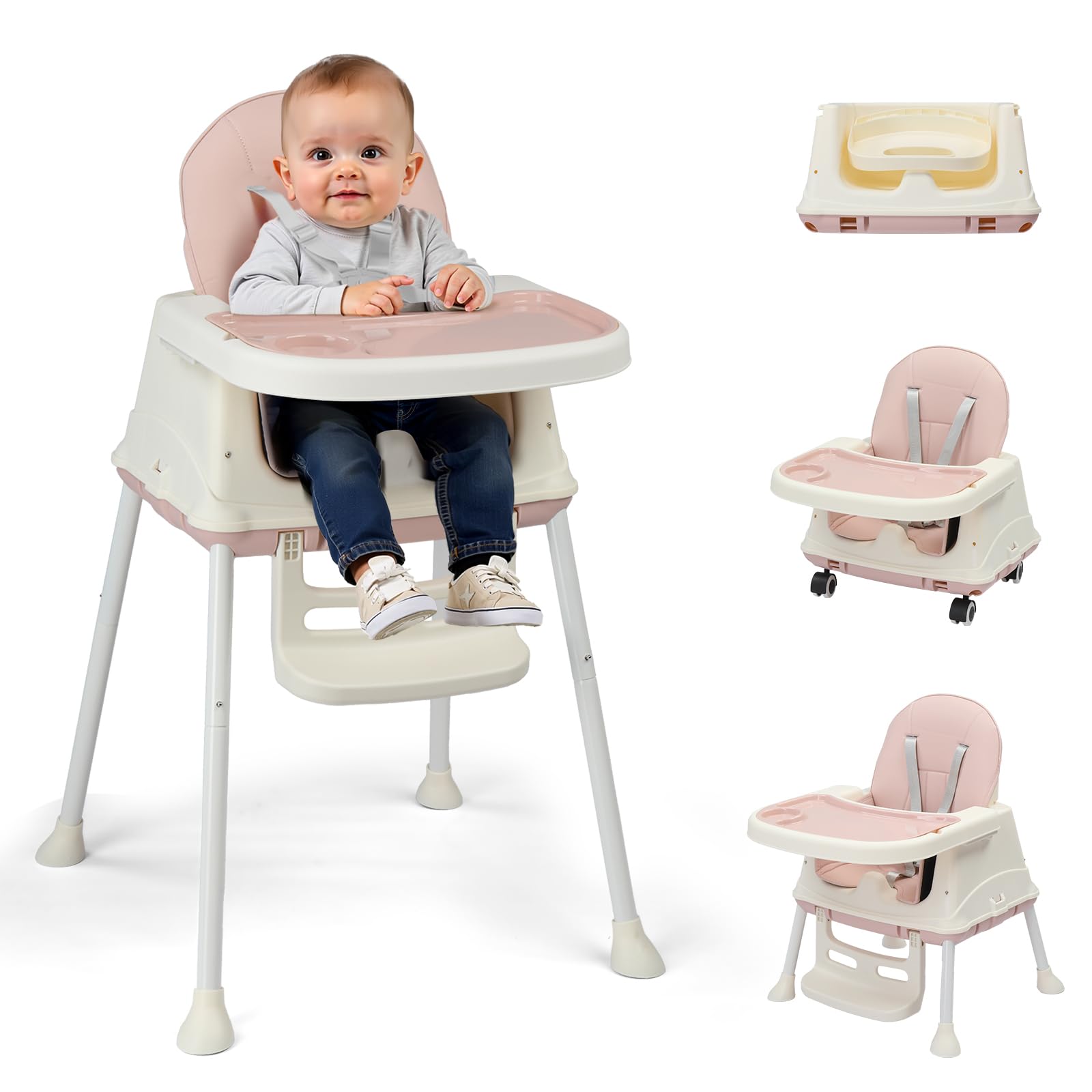 LEADZM Chaise Haute Bébé 4 en 1, Convertible en SUV Yokogawa et Trotteur, Plateau Double Amovible avec Roulettes Pivotantes, Charge Maximale 15 kg, Convient aux Bébés de 6 Mois et Plus (Rose)