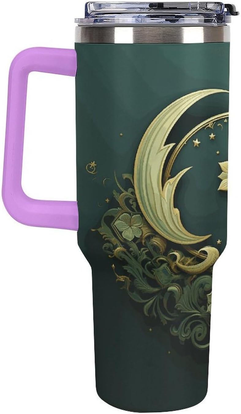 40 Oz Insulated Mug with Handle, Stainless Steel Ramadan on Green Wallpaper Printed Travel Mug Portable Leak-proof Large Car Mug for Home, Office Or Car