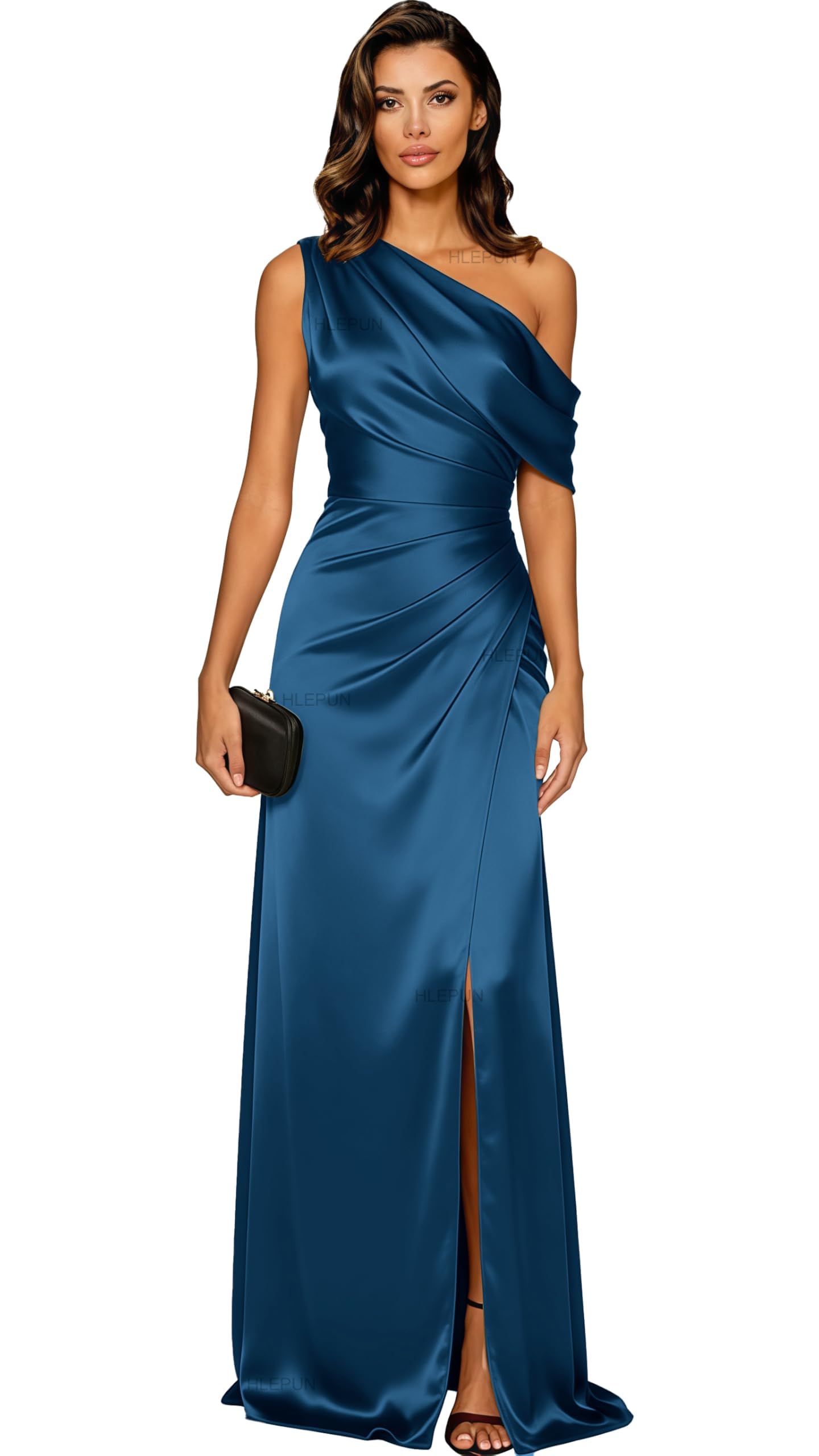 Damen Einschulter Satin Abendkleid Lang Brautjungfernkleider Maxi Festlich Elegant Festkleid Für Hochzeit Mit Schlitz