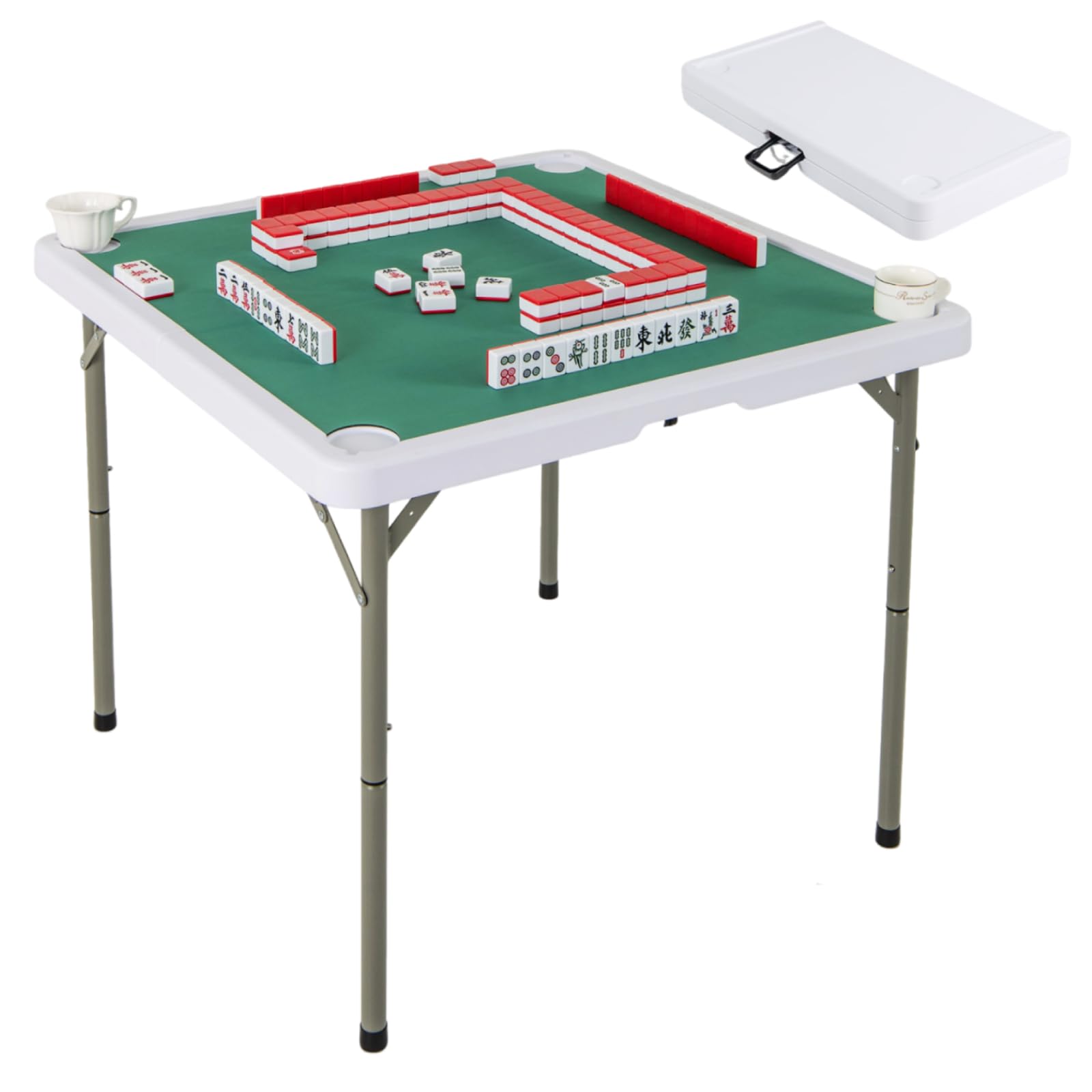 Maxmass 35’’ Folding Mahjong Table, 4 Player Card Tables with 4 Cup Holders, Removable Game Mat, Carrying Handle, Portable Square Domino Game Table for Mahjong Pokers Puzzles (Pure Green)