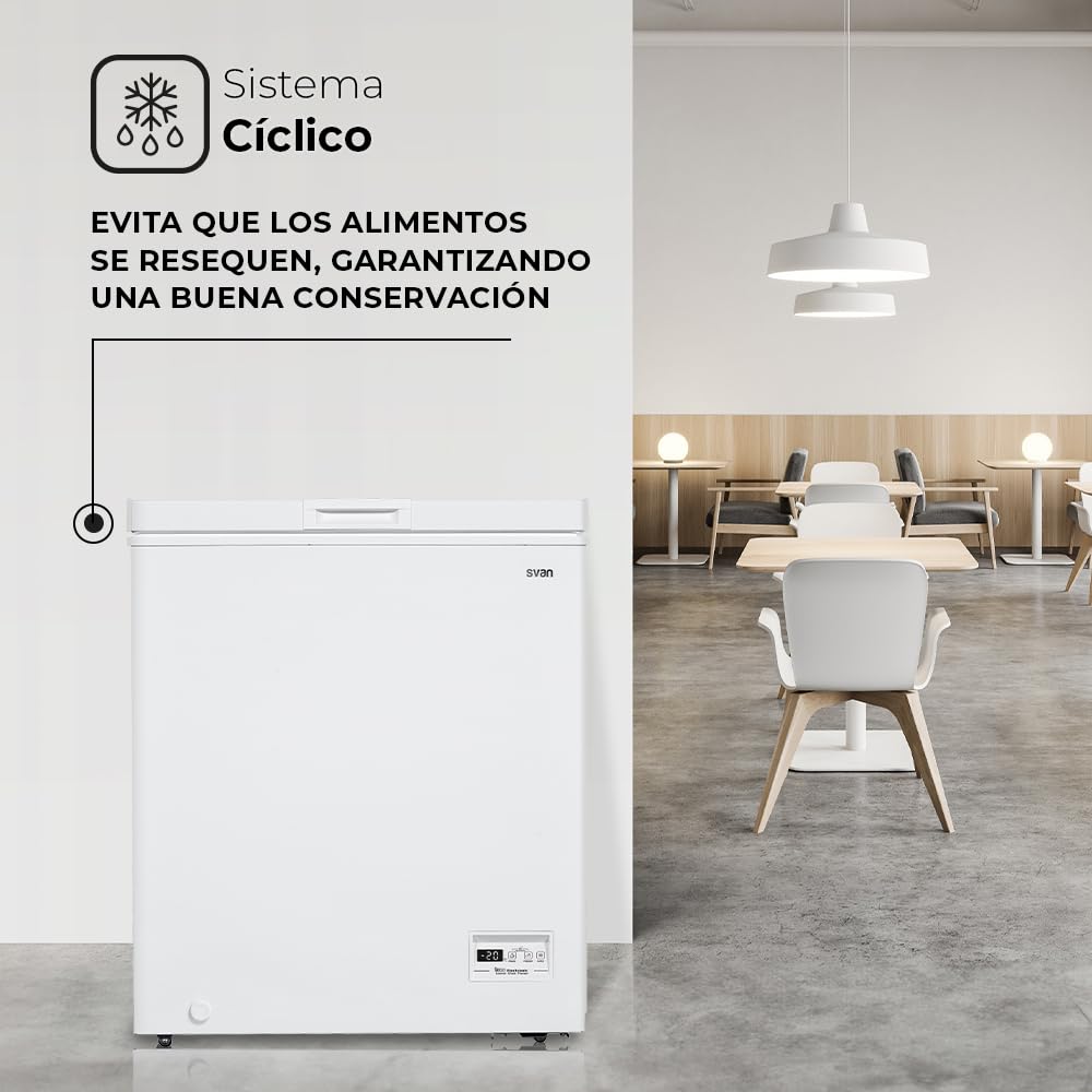 Svan Congelador horizontal Blanco SCH1501EDC. Capacidad 142 Litros, Dual Cooling, 1 Cesta, Bajo nivel Sonoro, Eficiencia Energética Clase E [Clase de eficiencia energética E]