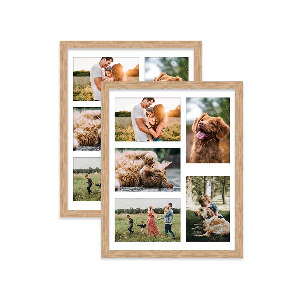 Oak Multi Photo Frame - Holds 5 x 6x4 Pictures, Family Collage Picture Frame for Wall Display, 14x11 Frame size, Set of 2