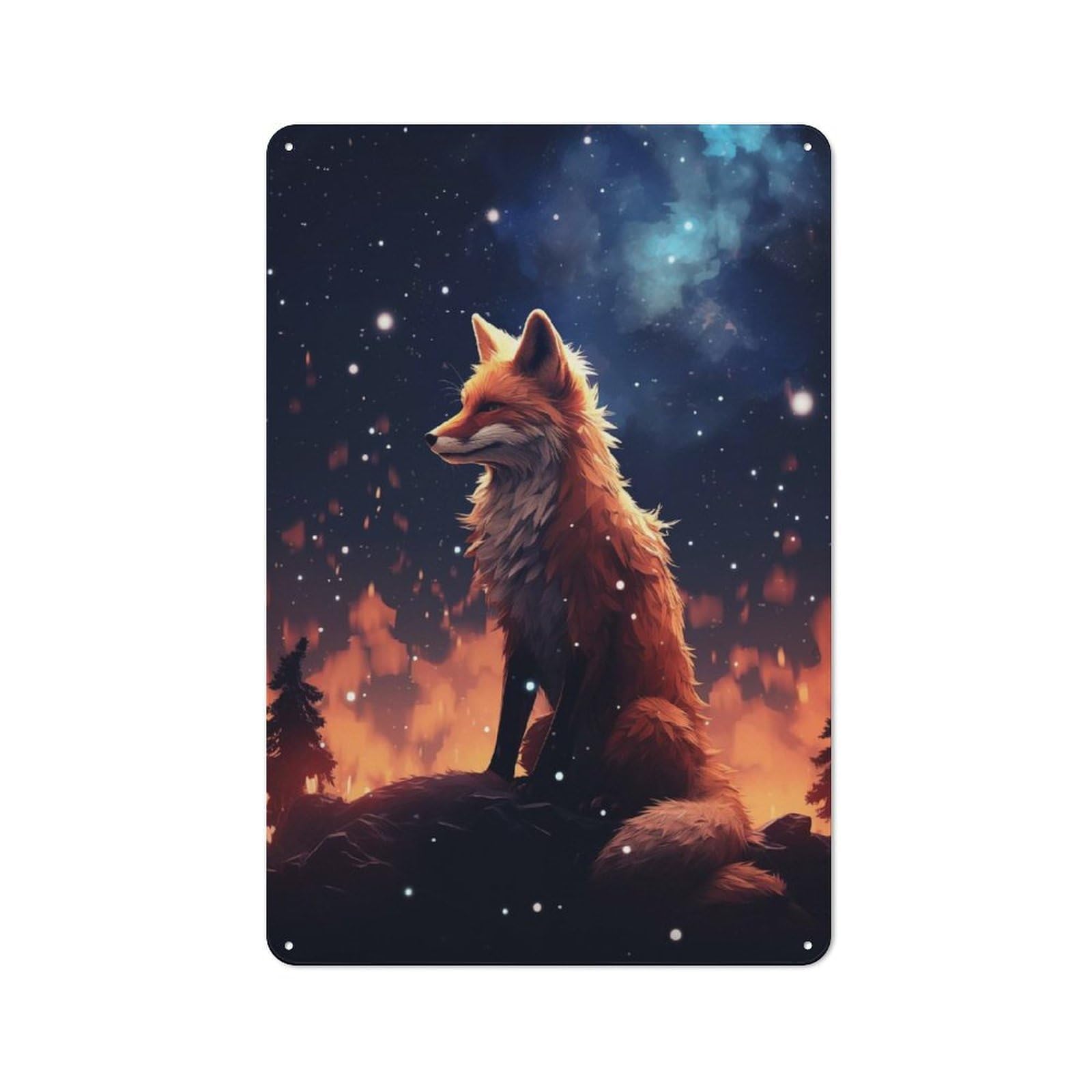 Metal Plaque with Fox In Forest Design 30x20cm, Country Style Cafe Wall Decor for Bakery, Diner, Cafe Or Family Room