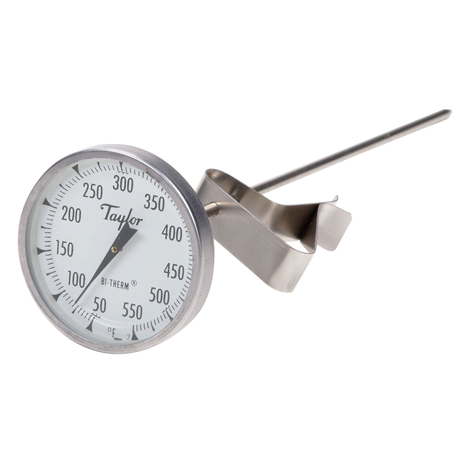 Taylor Precision 6084J8 Professional BiTherm Candy/Deep Fry Thermometer, 2" dial Display, 50deg to 550degF Temperature Range, 8" Stainless Steel stem with Adjustable pan Clip, recalibration hex nut