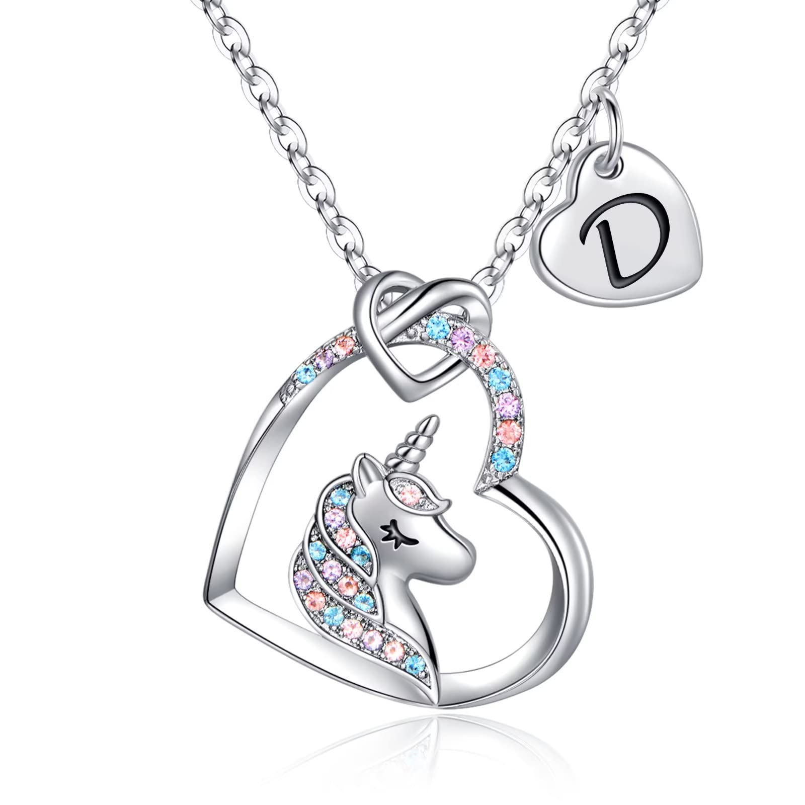 Hidepoo Unicorns Gifts for Girls Necklace - 14K White Gold Plated Letter D Initial Unicorn Pendant Necklace Unicorn Gifts for Girls Jewelry Colorful CZ Heart Unicorn Necklaces for Girls Unicorn Gifts
