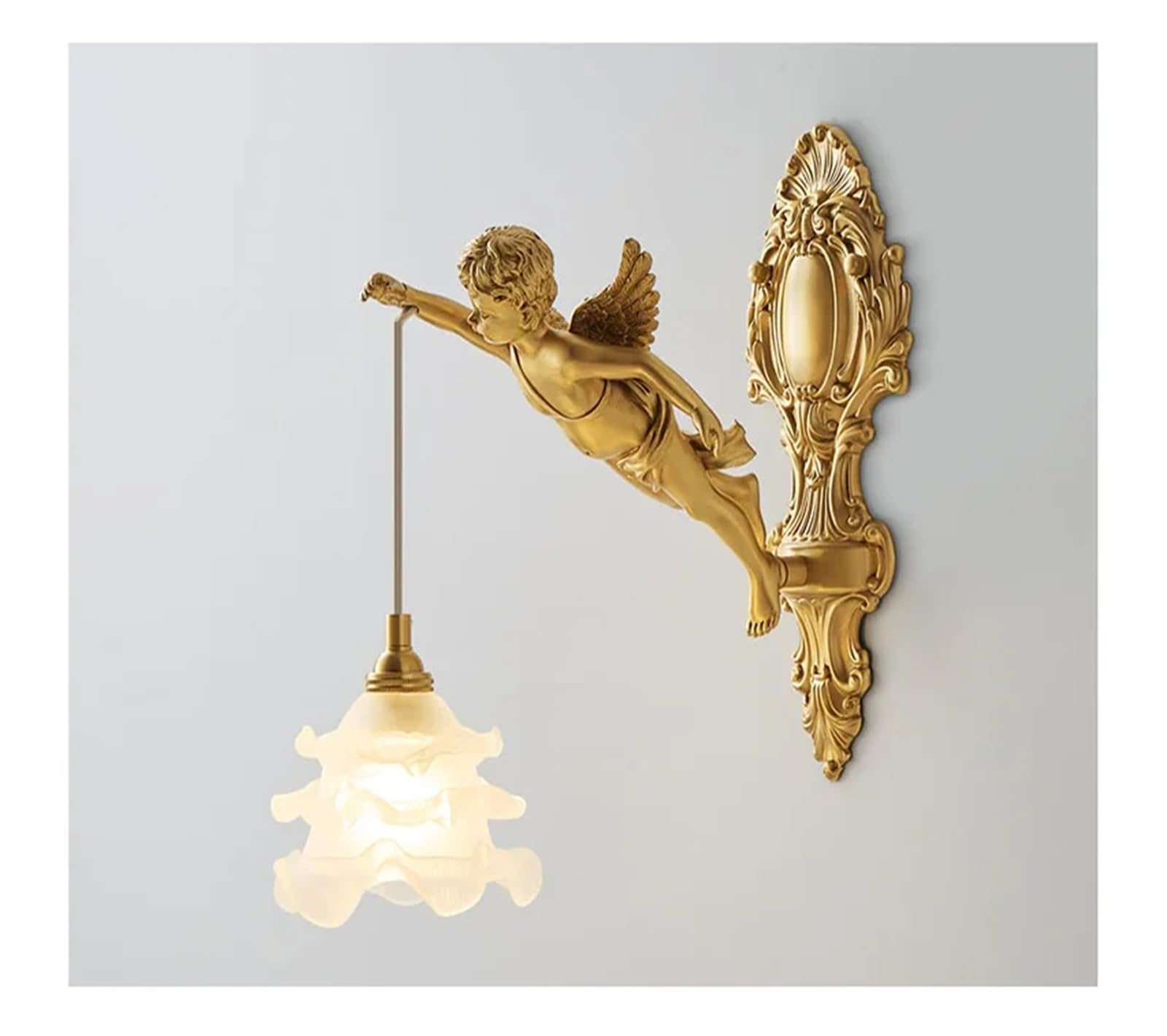 French Vintage Style Copper Angel Hanging Flower Crystal Wall Lamp