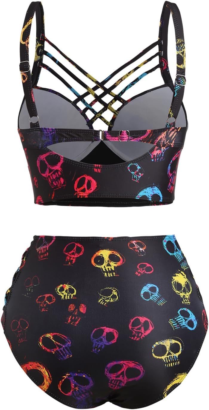 DRESSFO Gothic Galaxy Skull Print Bikini Set Retro Vintage Tummy Control Two Piece Tankini - Image 2
