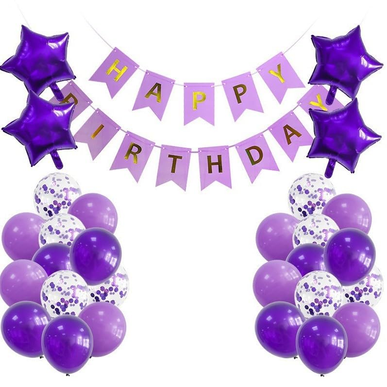 Purple Birthday Decorations for Women - No Helium Balloon Kit with Long Lasting Balloons & Easy Assemble Banner - Girls Birthday Party Supplies (12 Inch)