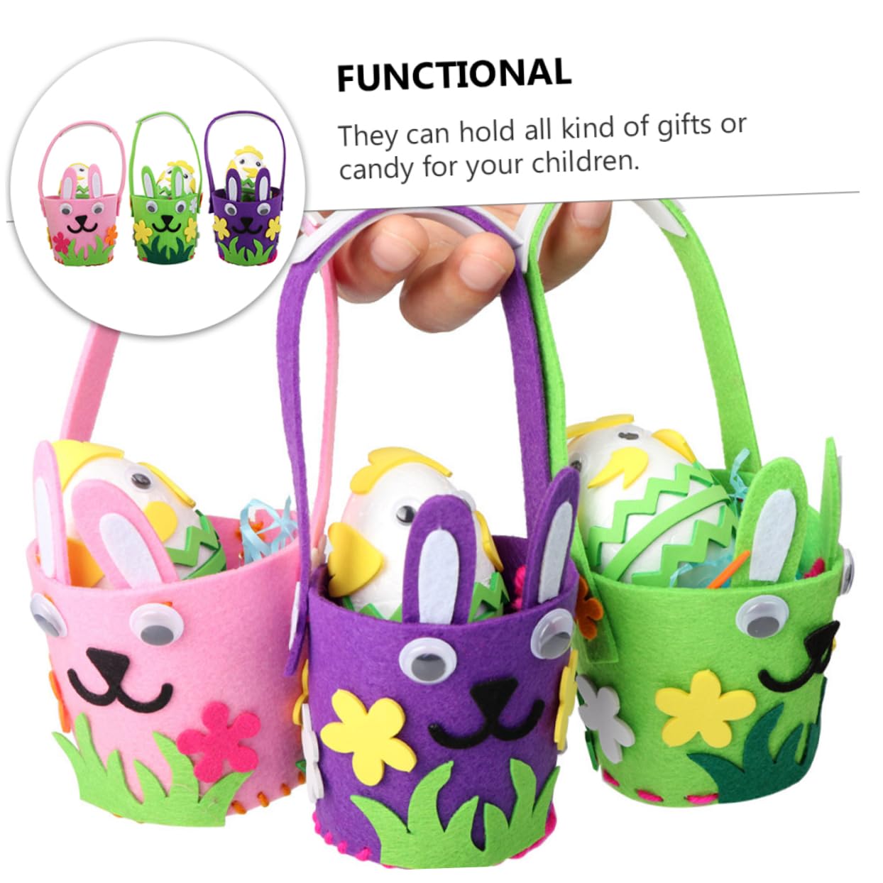 Cabilock 3pcs Adorable Bunny Baskets Felt Egg Hunting Bags for Treats and Festival Decorations Adds Joyful Atmosphere to Celebrations