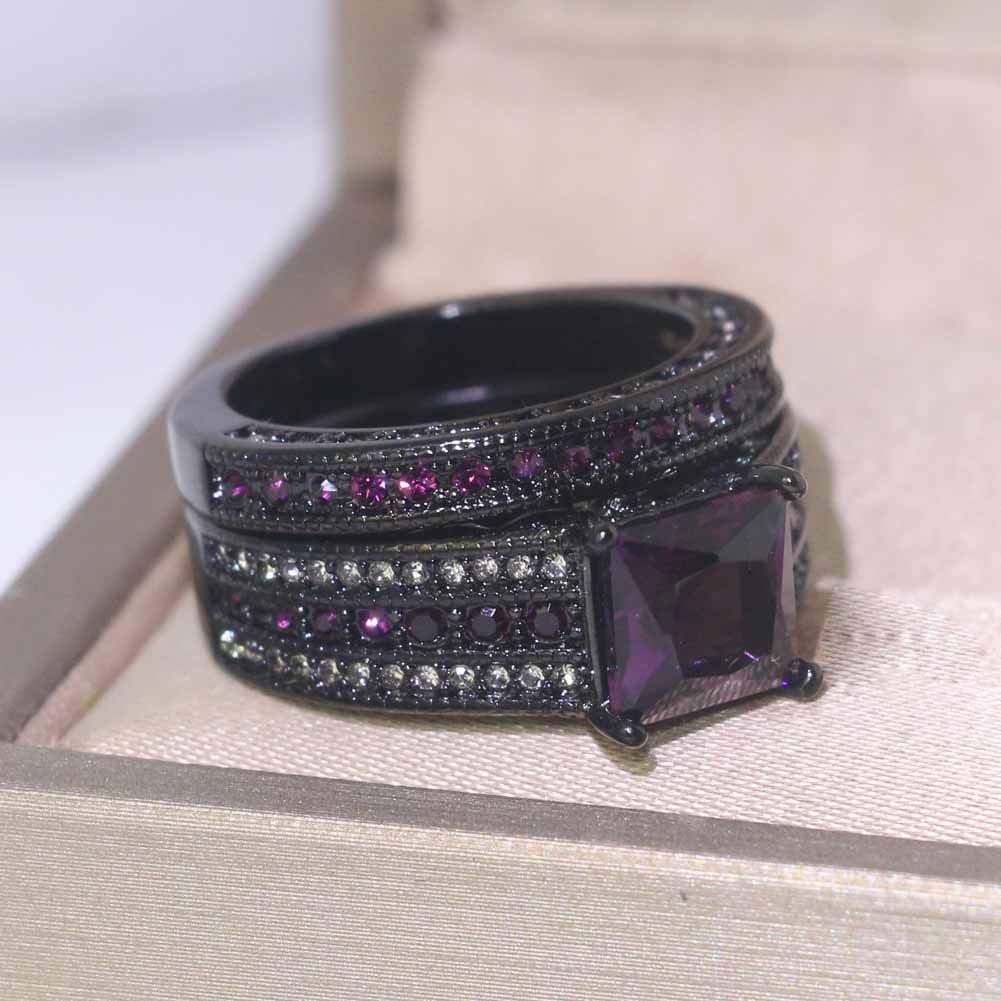 Conjuntos nupciales de lujo chapados en oro negro para mujer, conjuntos de anillos de boda de corte princesa de 0.315 in de circonita azul, Metal Cristal rhinestone, Zirconia cúbica 5