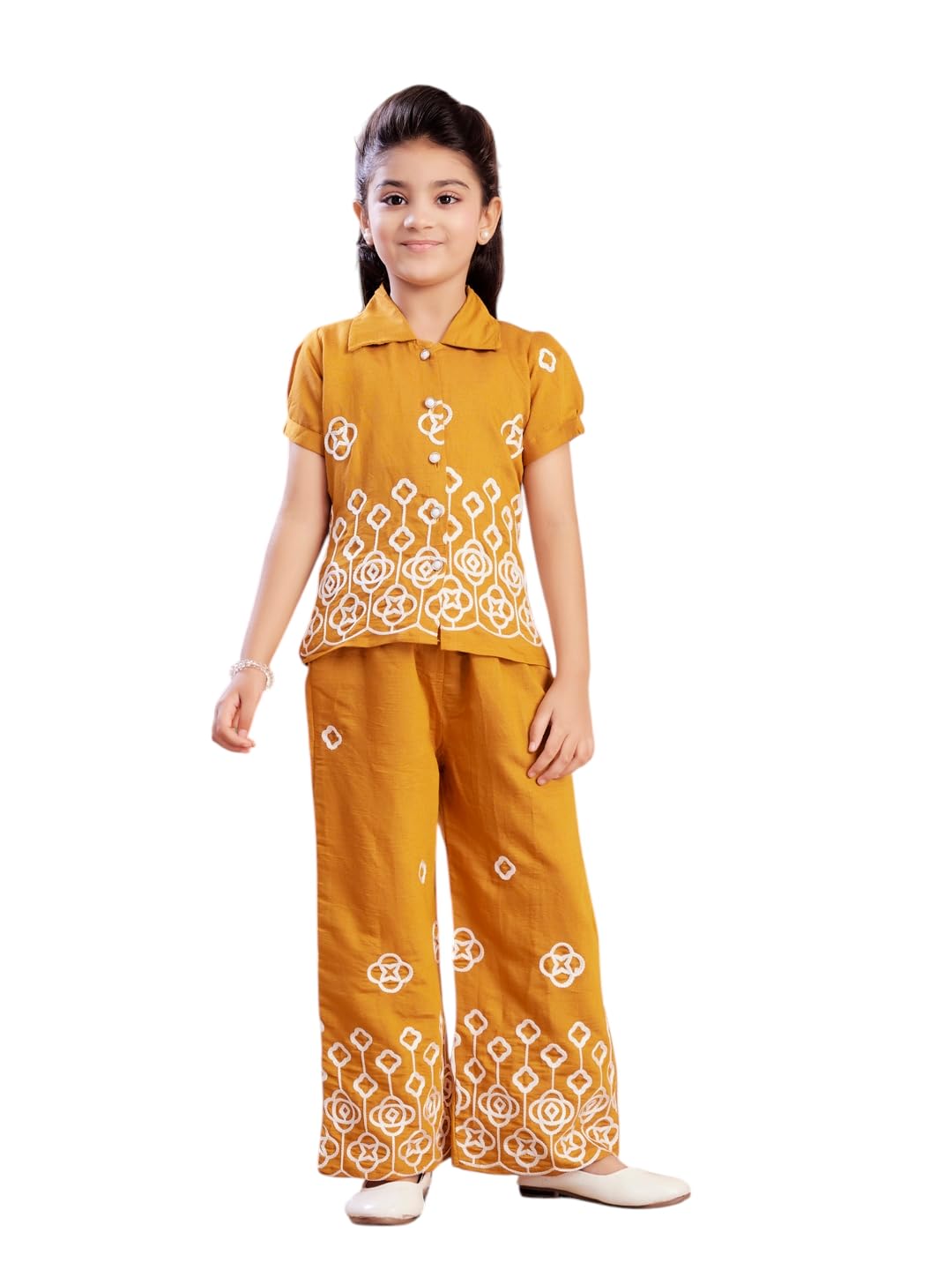 Aarika Girls Casual Wear Mustard Colour Thread Embroidery Cotton Co-ord Set Aarika Girls Casual Wear Mustard Colour Thread Embroidery Cotton Co-ord Set