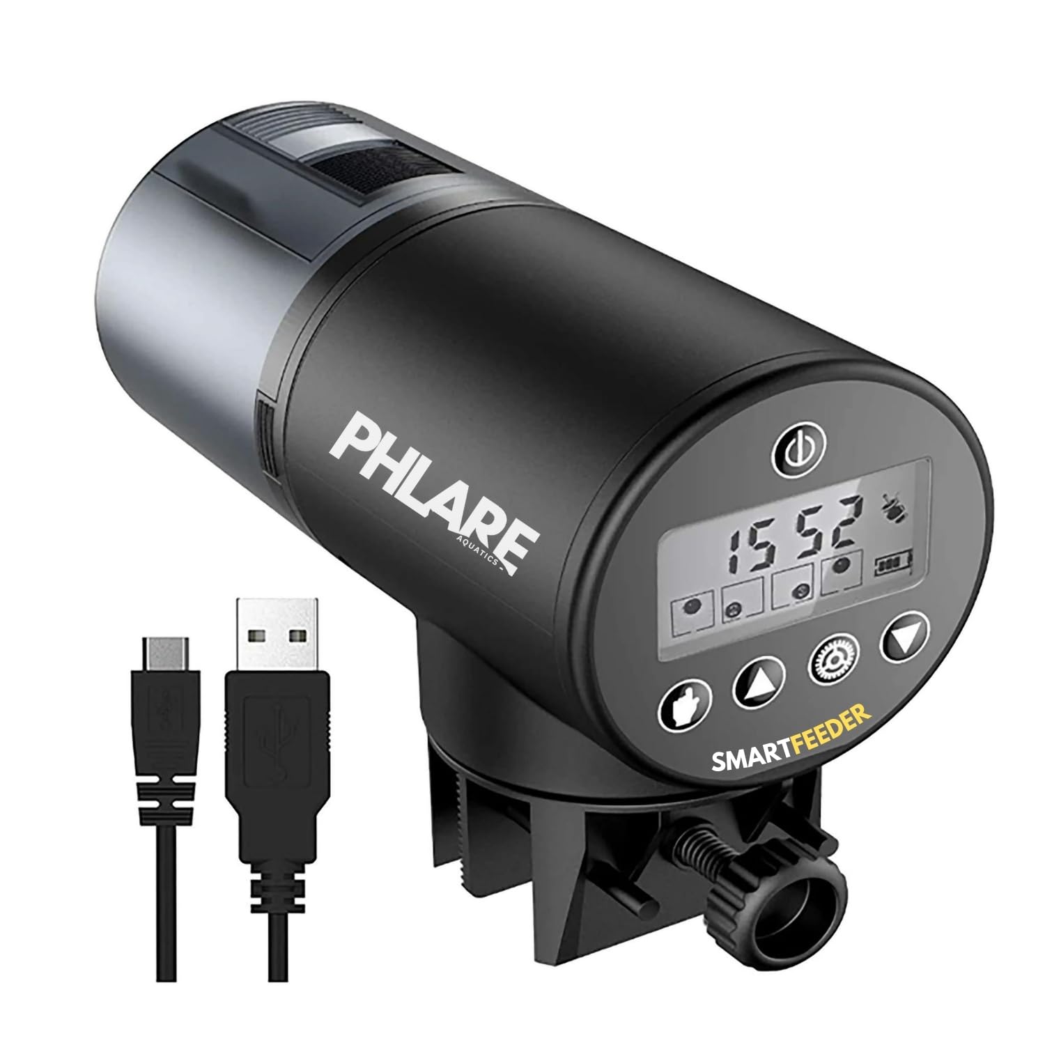 PHLARE Aquatics - Automatic Fish Feeder for Aquariums - Rechargeable Auto Timer Feeder for Vacation | Fits Flakes & Pellets | 200ml Capacity