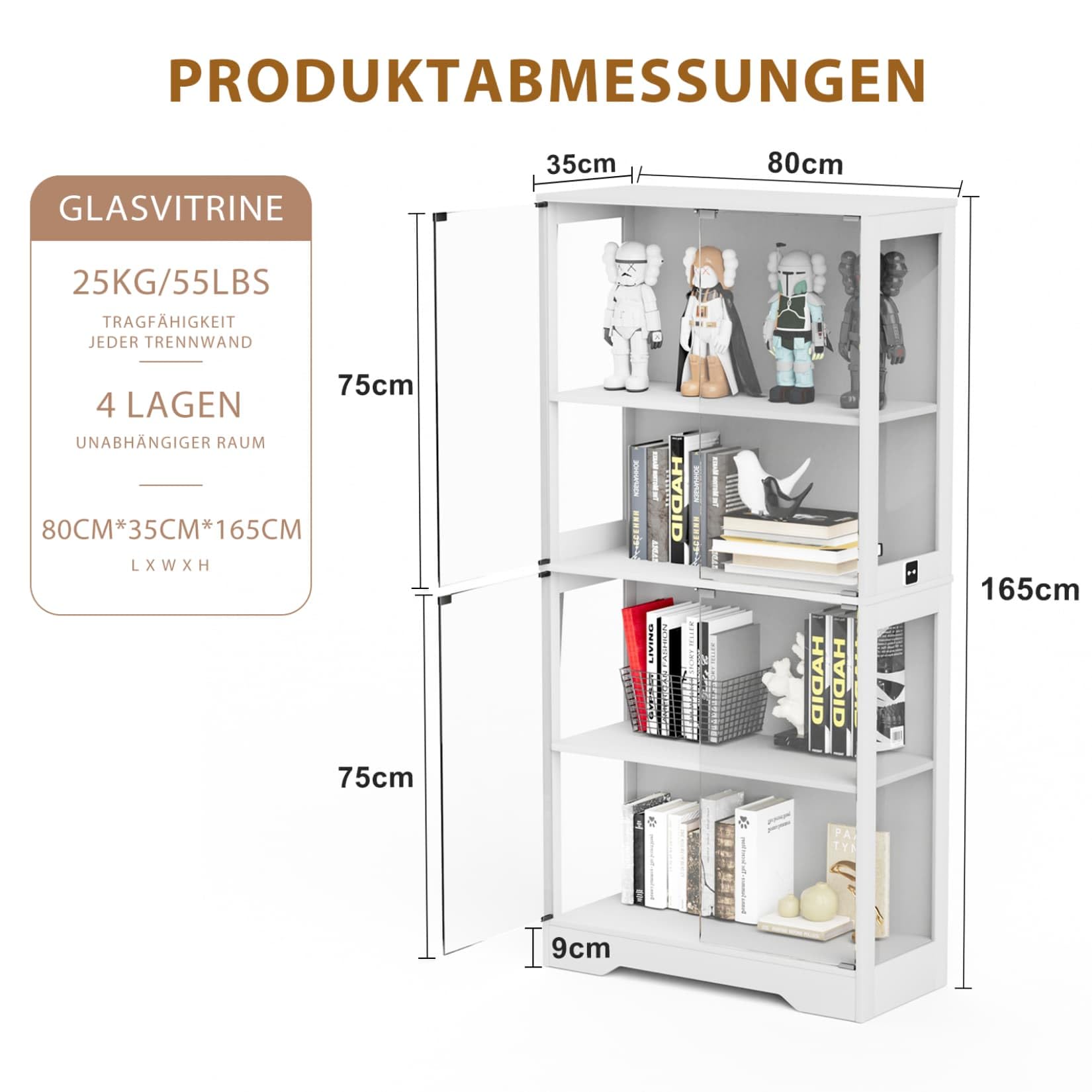Vitrine en Verre,Vitrine pour Collection avec Lumières LED,Bibliotheque,Buffet Salon,Placard Rangement,Meubles de Rangement,80x35x165cm (Blanc)