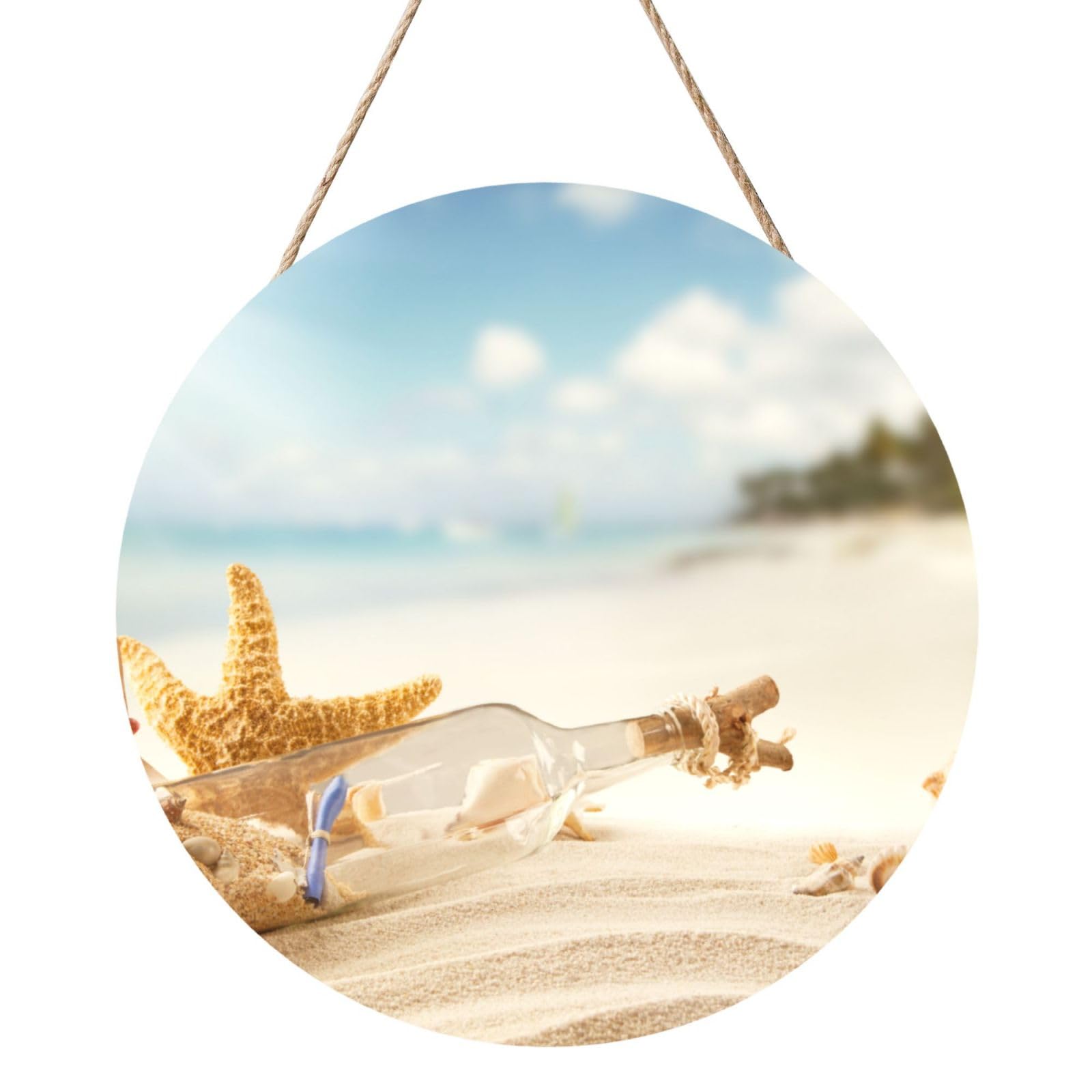 InOmak Beach Seaside, Round Wood Panel Painting 12 in, Wall Hanging Painting For Home