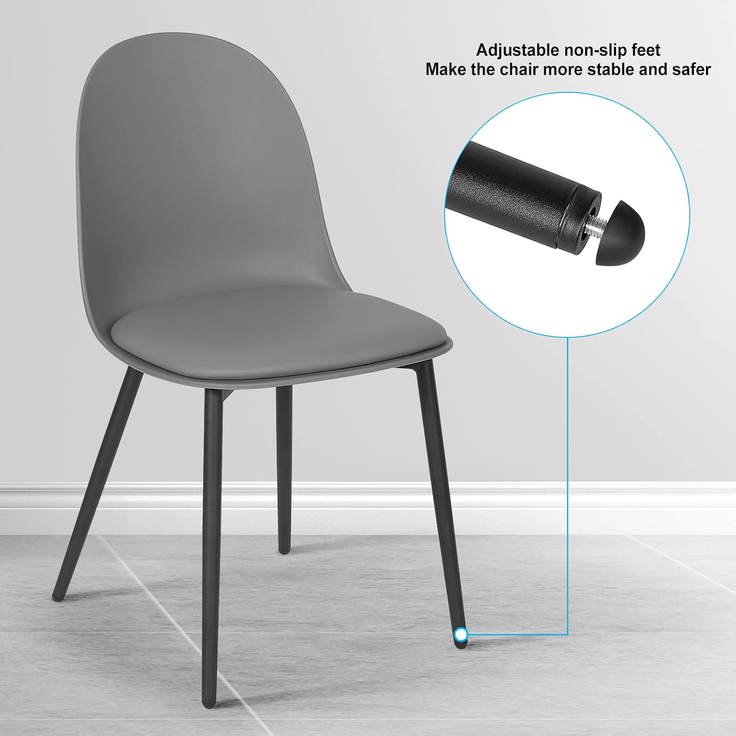 Close-up image of the adjustable non-slip feet on the chair legs, designed to protect floors and enhance stability.