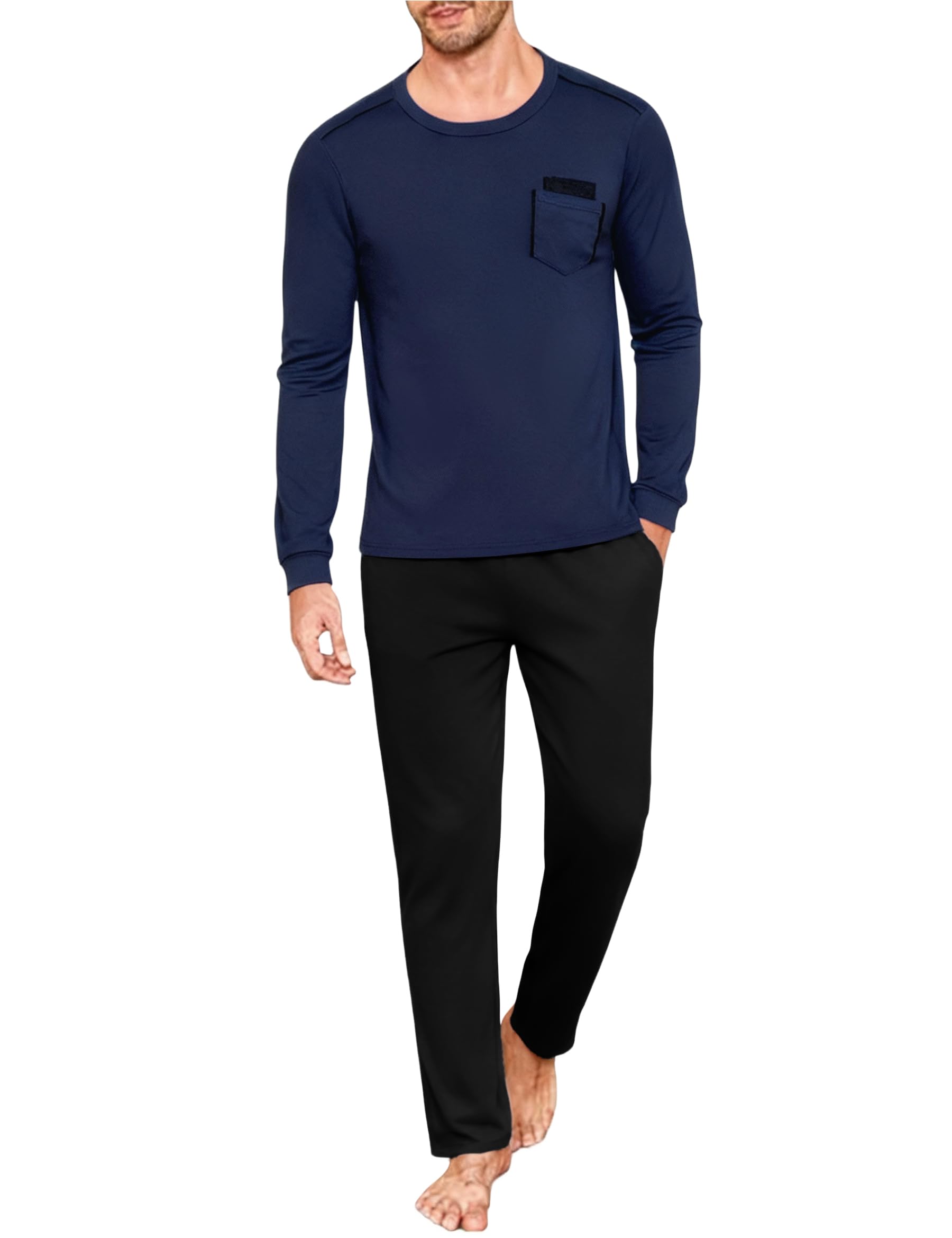 Uniexcosm Schlafanzug Herren Lang Pyjama Set Zweiteiler Herbst Winter Nachtwäsche aus Baumwolle Rundhals Langarm Oberteil und Pyjamahose Schlafanzüge für Männer