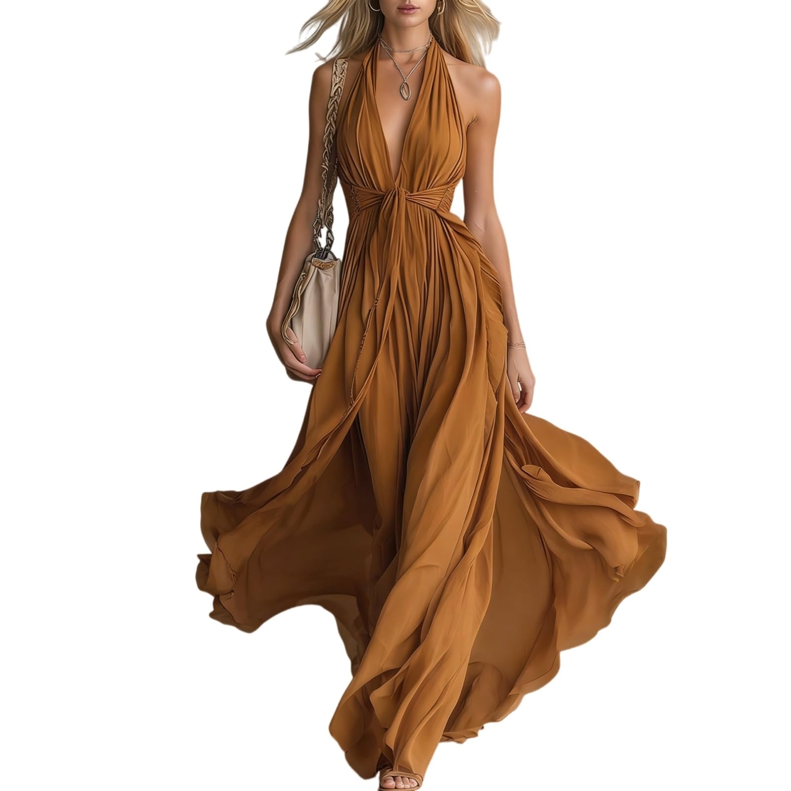 Vestito Donna Elegante Profondo V Collo Maxi Abito Senza Maniche Patchwork Estivo per Festa Serale-Green-s