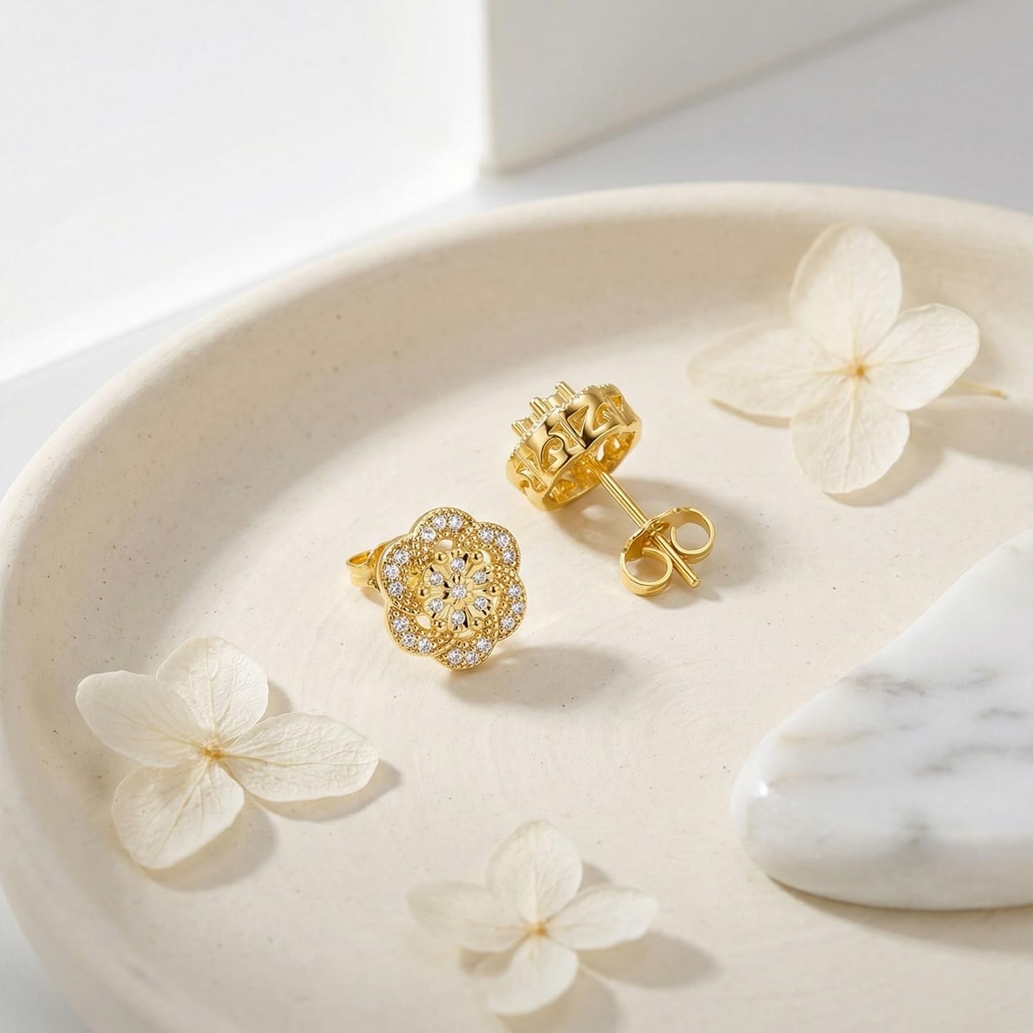 14K Gold Earrings for Women Gold Studs Earrings for Women Cubic Zirconia Stud Earring for Womens Stud Sweet and Gentle Flower Design Studs Earring for Womens 8/10mm