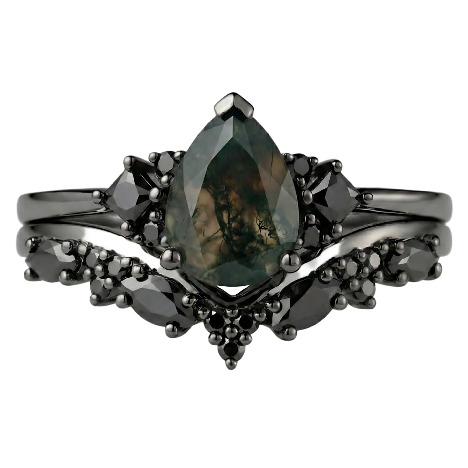 Natural Moss Agate Engagement Black Ring Set for Women Customizable 10K /14K /18K Gold Promise Wedding Stacking Rings Free Engraving Size 4-15