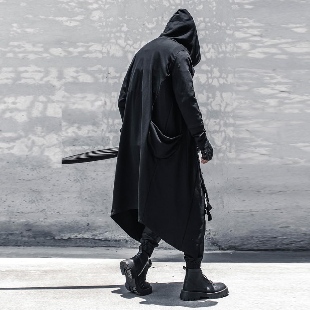 Gothic Cloak Long Hoodie Men Black Wizard Hoodies Streetwear Cardigan Hoodie Techwear Male